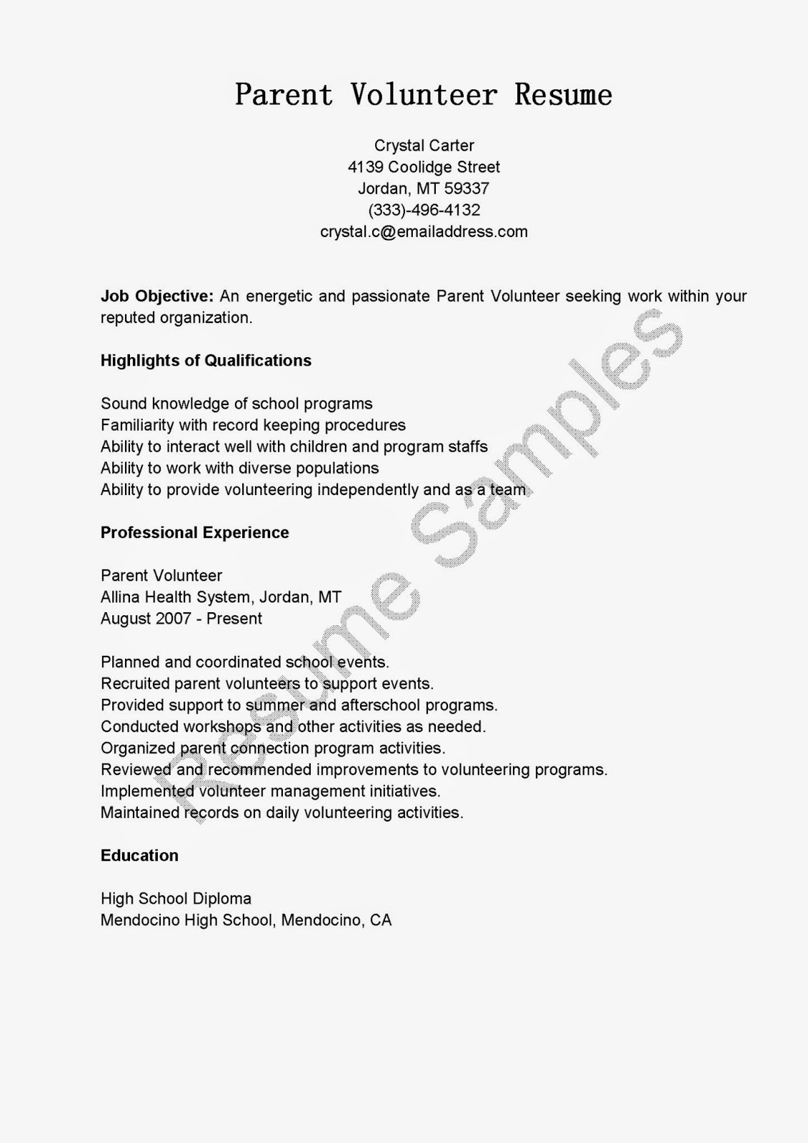 Resume sample with volunteer position